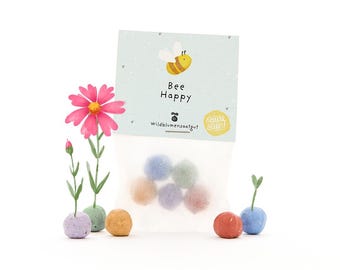 5 colorful flower marbles in a sachet with wildflower seeds | Positive gift, birthdays & cheering up