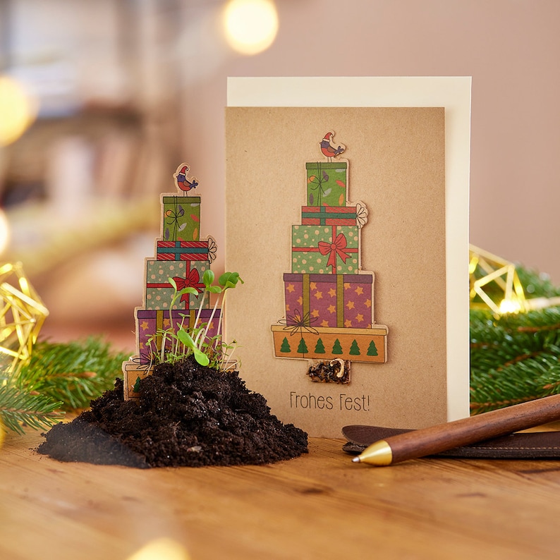 Nachhaltige Weihnachtskarte zum Einpflanzen mit Geschenk-Motiv Grußkarte Weihnachten mit Saatgut Weihnachtsgrußkarte zum Verschenken Bild 1