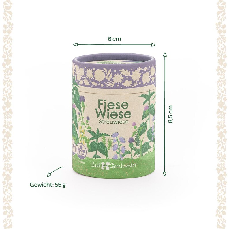 Puede incluir: Un recipiente cil&iacute;ndrico de 6 cm de di&aacute;metro y 8,5 cm de alto, con el texto "Fiese Wiese Streuwiese" e ilustraciones de plantas. El recipiente es verde en la base, beige en el medio y morado en la parte superior. Pesa 55 g.