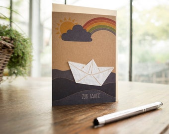 Karte zur Taufe "Boot mit Regenbogen" | Taufkarte mit handgeschöpften Saatpapier