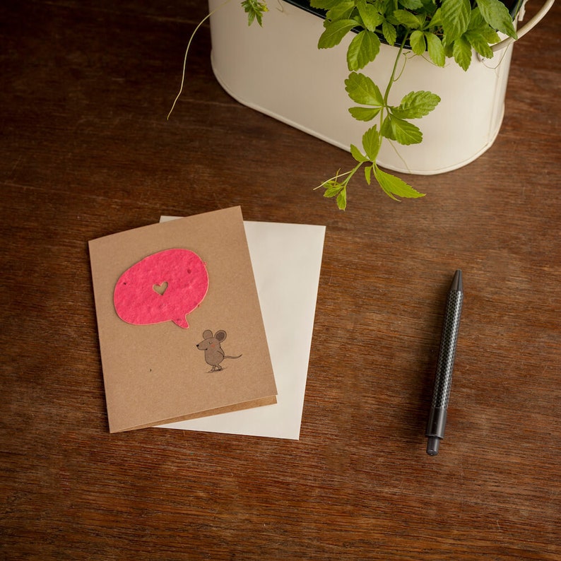 Grußkarte Maus mit Herz Liebesbrief mit Saatpapier-Herz zum Einpflanzen Enthält 10 verschiedene Wildblumensamen image 1