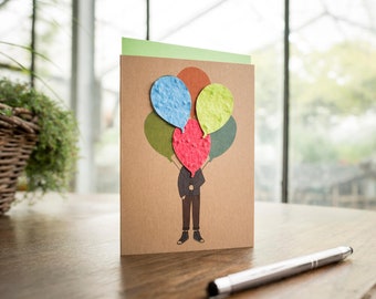 Carte d'anniversaire I Homme avec ballon I Carte de voeux avec papier de graines de fleurs fait main