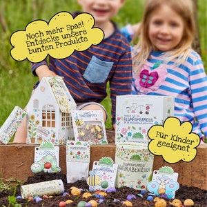 May include: A set of colorful flower seed balls, a small paper house, and a box of flower seeds. The packaging features illustrations of bees, flowers, and children. The text on the packaging reads "BLUMENMURMELN" and "F&uuml;r Kinder geeignet".