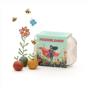 Könnte beinhalten: Ein Powerblumen-Samenbomben-Set mit Superhelden-Thema. Die Box zeigt eine Cartoon-Illustration einer Superheldin. Im Vordergrund befinden sich drei Samenbomben mit einer Zeichnung einer Blume, Bienen und einem Schmetterling.