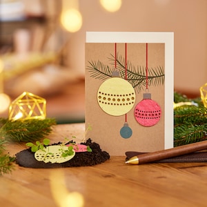 Nachhaltige Weihnachtskarte zum Einpflanzen mit Christbaumkugel-Motiv | Karte Weihnachten mit Saatgut | Weihnachtsgrußkarte zum Verschenken