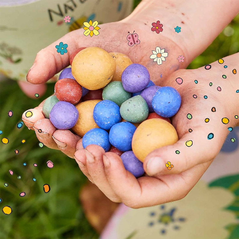 100 bunte Blumenmurmeln Mein Naturabenteuer handgerollte, farbenfrohe Samenbomben Perfekt zum Kindergeburtstag Geschenk für Kinder Bild 4