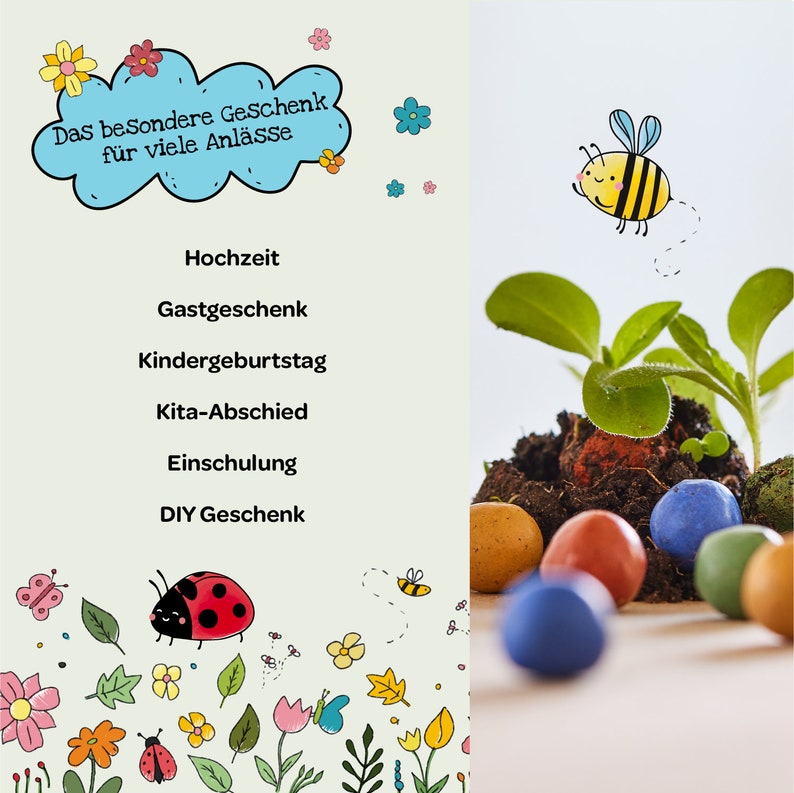 May include: A colorful illustration of a cloud with the text "Das besondere Geschenk f&uuml;r viele Anl&auml;sse" in German. Below the cloud are the words "Hochzeit", "Gastgeschenk", "Kindergeburtstag", "Kita-Abschied", "Einschulung", and "DIY Geschenk" in German. The image also includes a bee, a ladybug, and flowers.