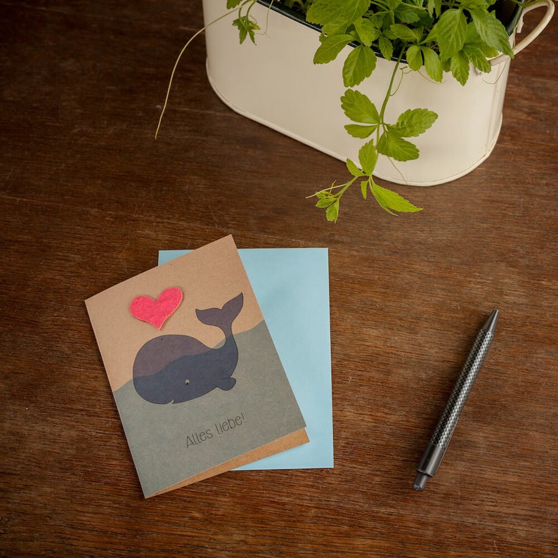 Grußkarte Alles Liebe mit Wal und Herz Glückwunschkarte mit Saatpapier-Herz zum Einpflanzen image 1
