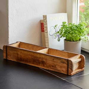 Può includere: Un organizer rettangolare in legno con due scomparti. L'organizer è realizzato in legno marrone chiaro con venature naturali e finiture marrone scuro. Un libro intitolato "POLPO" e una pianta in vaso sono sullo sfondo.