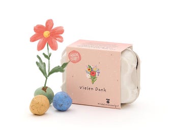 6 colorful seed balls with wildflower seeds in a mini egg carton | "Thank you" gift as a hostess gift & thank you present | Growing thanks