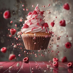 May include: A pink and white cupcake with pink frosting and sprinkles, surrounded by pink and white sprinkles, and raspberries.