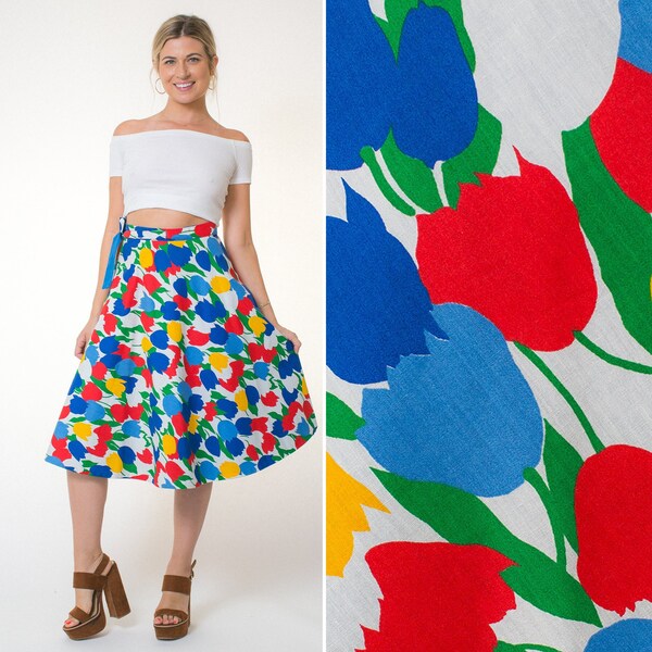 Vintage WRAP SKIRT midi medium 70s colorful FLORAL print flowers tulips high waist adjustable 1970s teacher white retro rainbow size medium
