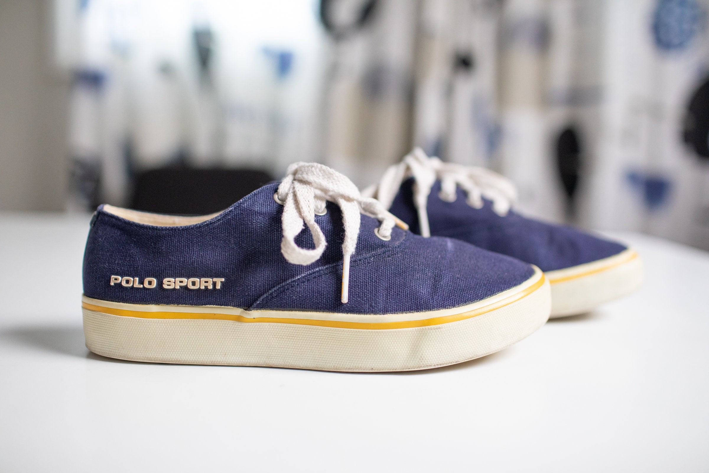 Vintage 90s Mens Womens Polo Ralph Lauren Sport Blue Canvas Platform Size 7.5 Polo Sport Shoes 90s Vintage Polo Sport Shoes