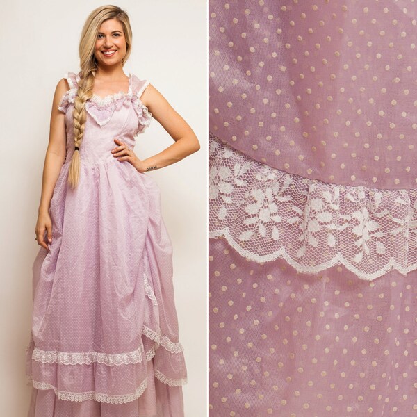 Gunne sax dress Vintage 70s 80s PROM purple lace polka dot FORMAL gown draped PRINCESS pastel petticoat lilac dress