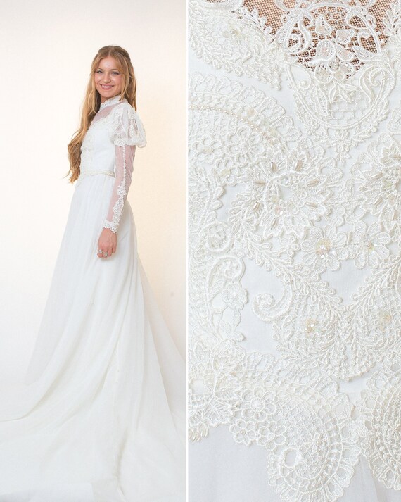Boho Robe De Mariée Vintage 70s 80s Robe à Manches Longues Blanc 80 70s Wedding Robe Mariée En Dentelle Longue Train 1970s Boho Perlé Robe De Mariée