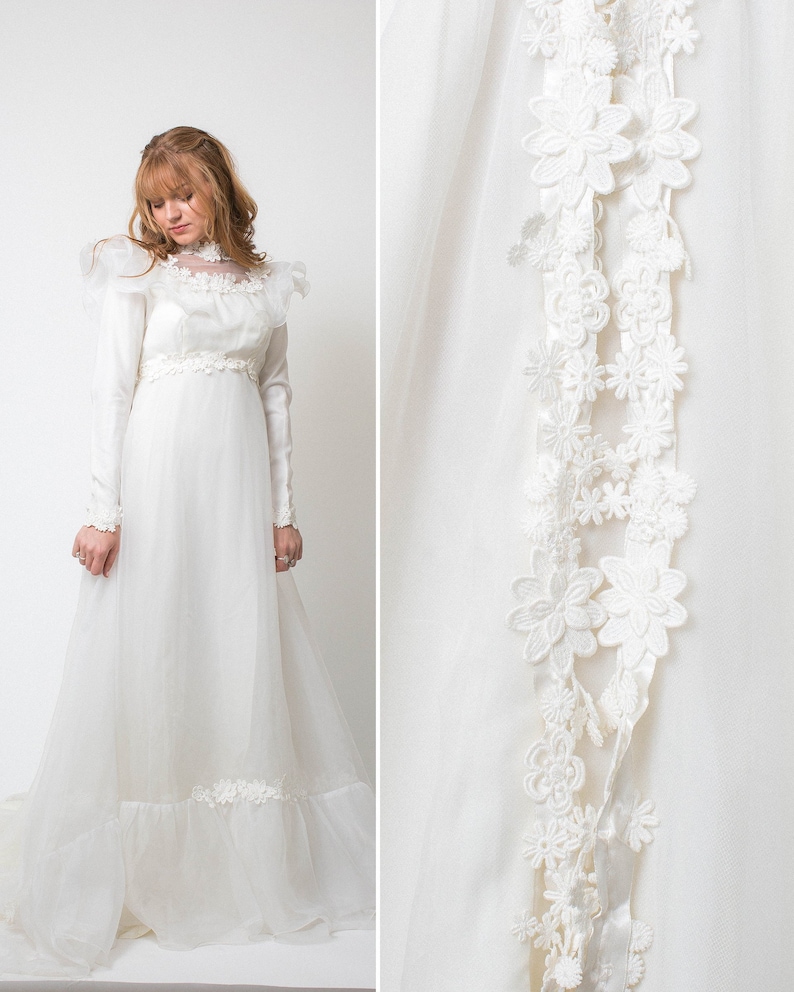 Boho wedding dress Vintage 70s WEDDING DRESS ivory white sheer long train 1970s BOHO long sleeve wedding gown seventies dress princess