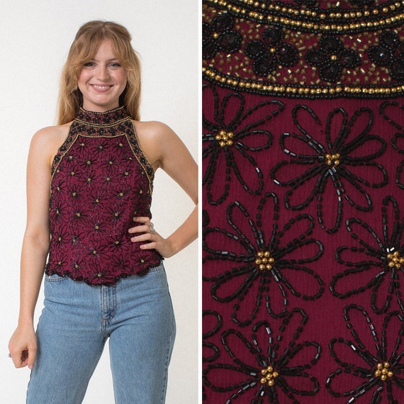 BEADED blouse sleeveless blouse SILK blouse high n