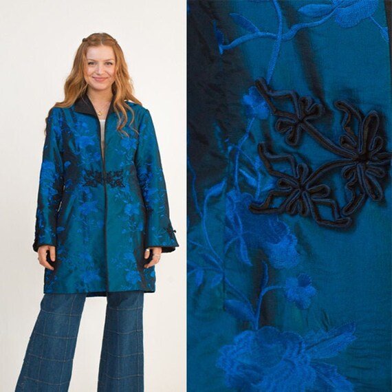 Vintage Robe Chinese SHANGHAI Royal Blue 100% Silk