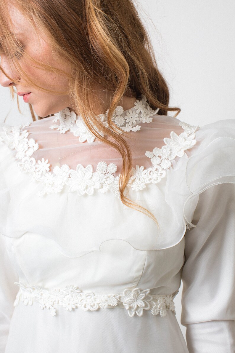 Boho wedding dress Vintage 70s WEDDING DRESS ivory white sheer long train 1970s BOHO long sleeve wedding gown seventies dress princess