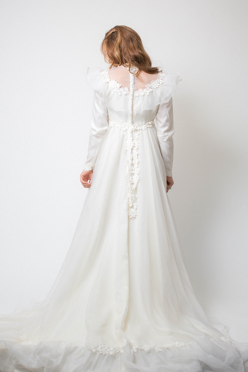 Boho wedding dress Vintage 70s WEDDING DRESS ivory white sheer long train 1970s BOHO long sleeve wedding gown seventies dress princess