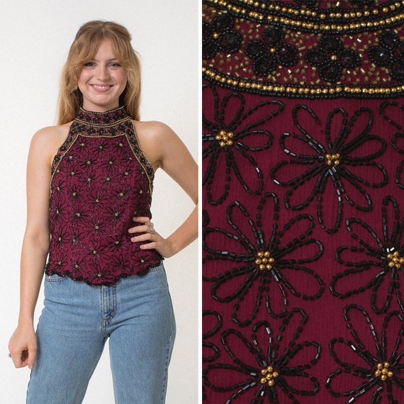 BEADED blouse sleeveless blouse SILK blouse high n