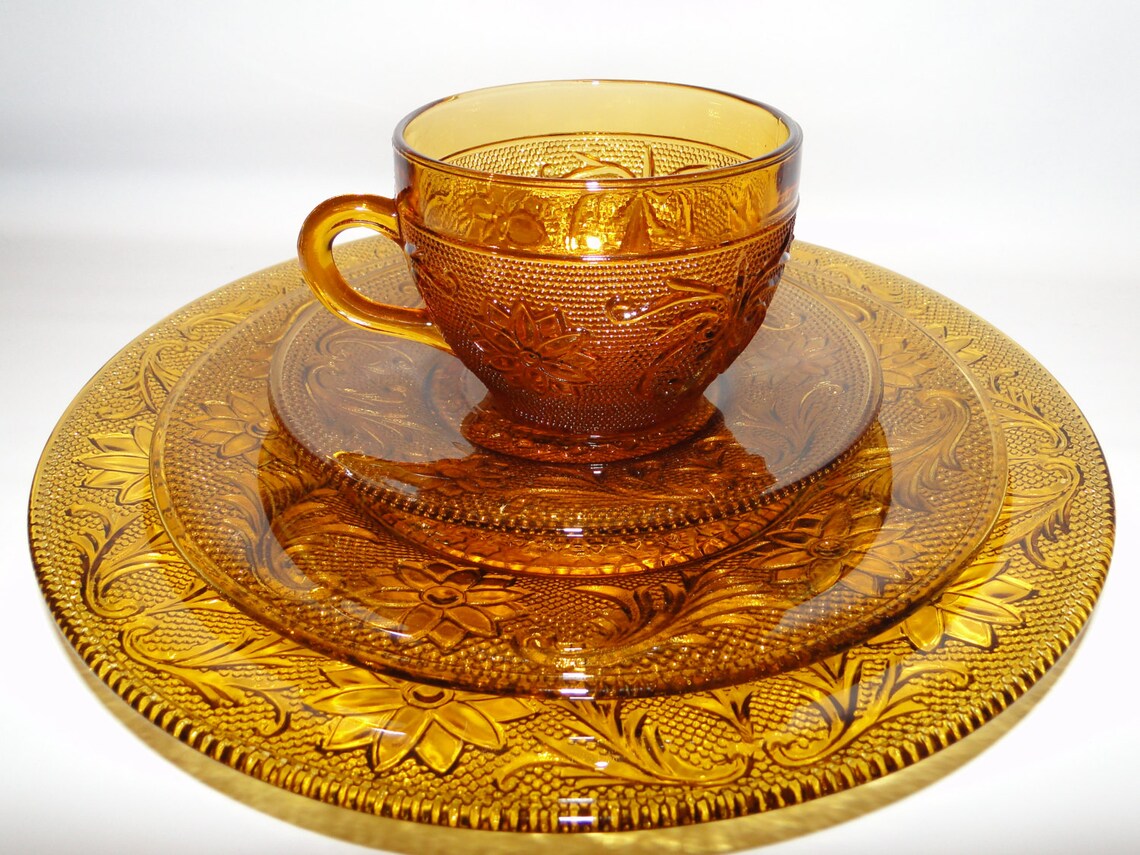 Tiara Amber Sandwich Glass 4 Piece Place setting 00306 Etsy