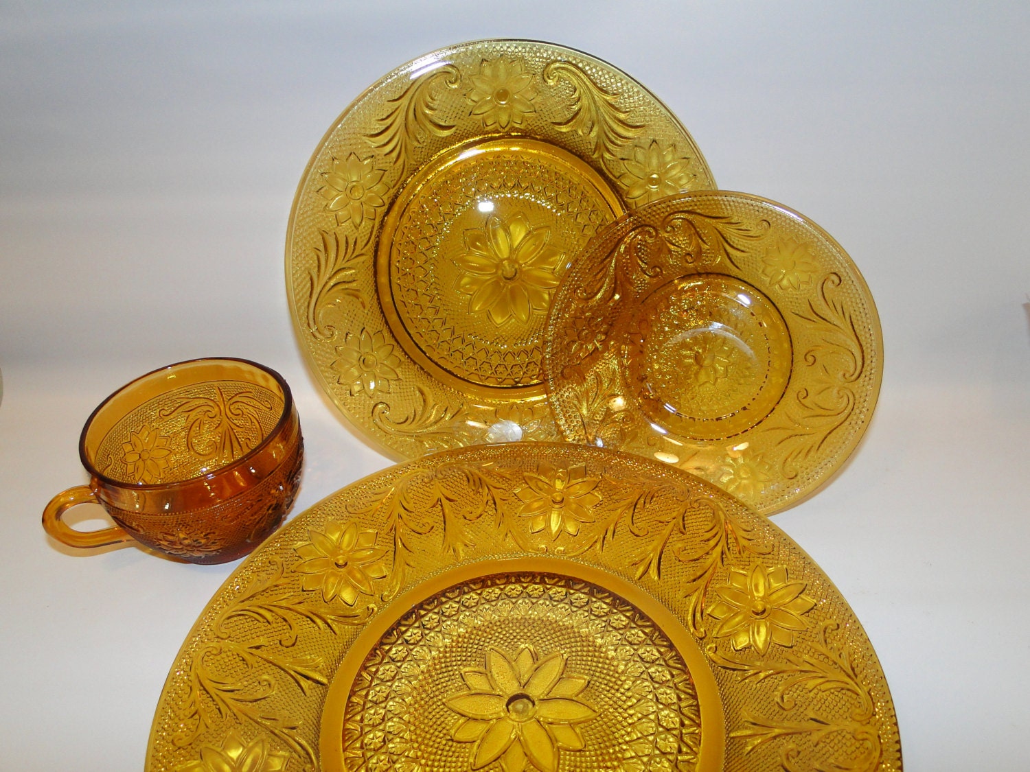 Tiara Amber Sandwich Glass 4 Piece Place setting 00306 Etsy