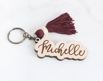 Personalized Keychain, Custom Keychain, Tassel Keychain, Name Keychain, Wood Keychain, Wedding Gift, Bridal Gift
