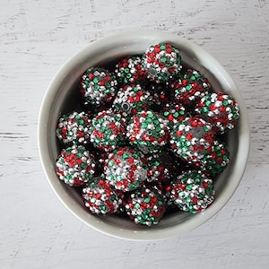 20mm Red Green Silver Confetti Rhinestones, Chunky Bead, Bubblegum Bead, Resin Rhinestone Beads, 10 Count