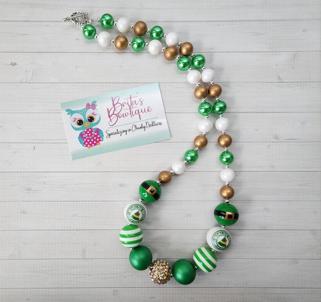 Worlds Best Cup of Coffee Elf Themed Chunky Bubblegum Necklace, Tree Chunky Necklace, Christmas