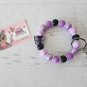 Purple Butterfly Keychain Wristlet Bracelet, Silicone Bead Keychain