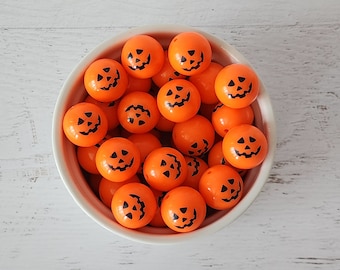 20mm Orange Pumpkin Face Print Chunky Bubblegum Round Beads, Holiday Gumball Beads, Acrylic Chunky Beads, 10 Count