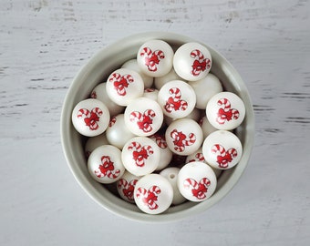 20mm Candy Cane Custom Print White Matte Chunky Bubblegum Beads, Double Sided, 20mm Acrylic Printed Beads, 10 Count