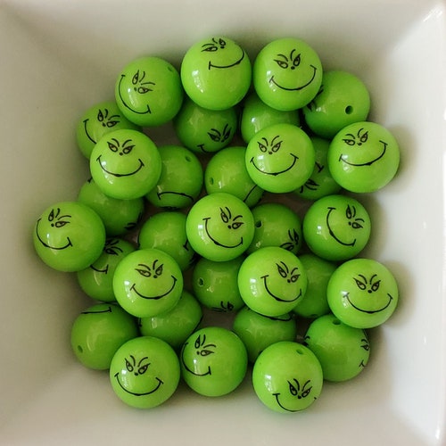 Green Mean One Smirk Print Chunky Bubblegum Beads, 20mm (10 Count)