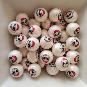 20mm Jack Skellington Santa Hat Print on White Matte Chunky Bubblegum Beads, Double Sided, 20mm Acrylic Printed Beads, 10 Count