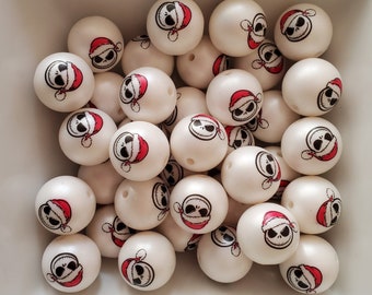 20mm Jack Skellington Santa Hat Print on White Matte Chunky Bubblegum Beads, Double Sided, 20mm Acrylic Printed Beads, 10 Count