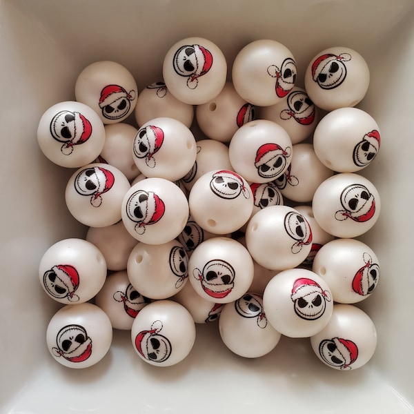20mm Jack Skellington Santa Hat Print on White Matte Chunky Bubblegum Beads, Double Sided, 20mm Acrylic Printed Beads, 10 Count