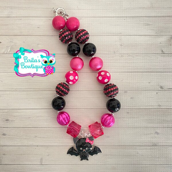 Halloween Black Bat Pendant Chunky Bubblegum Bead Necklace