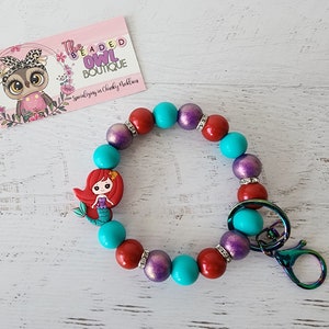 Red Mermaid Under The Sea Keychain Wristlet Bracelet, Silicone Bead Keychain