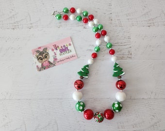 Christmas Tree Themed Chunky Bubblegum Necklace, Christmas Tree Necklace, Christmas Necklace