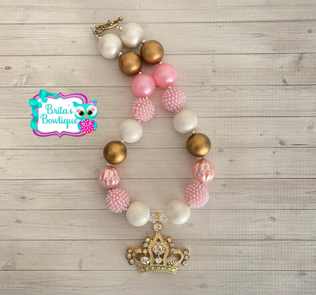 Princess Rhinestone Crown Themed Chunky Bubblegum Bead Necklace Pink ...