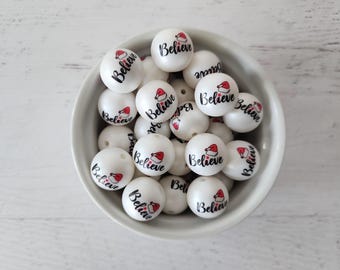 20mm Believe in Santa Print on White Matte Chunky Bubblegum Beads, Double Sided, 20mm Acrylic Printed Beads, 10 Count
