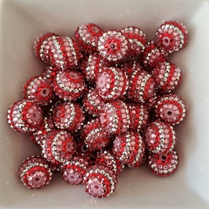 20mm Red Silver Pink Striped Rhinestones, Chunky Bead, Bubblegum Bead, Resin Rhinestone Beads, 10 Count