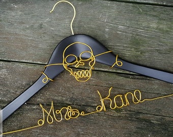 Custom Name Hanger HALLOWEEN Wedding Hanger Unique Skull Design OOAK hanger Original Design Hanger SKULL Wedding Dress Hanger