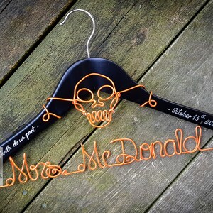 Custom Name Hanger HALLOWEEN Wedding Hanger Unique Skull Design OOAK hanger Original Design Hanger SKULL Wedding Dress Hanger