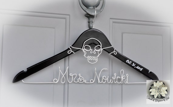 Custom Name Hanger HALLOWEEN Wedding Hanger Unique Skull Design OOAK hanger Original Design Hanger SKULL Wedding Dress Hanger