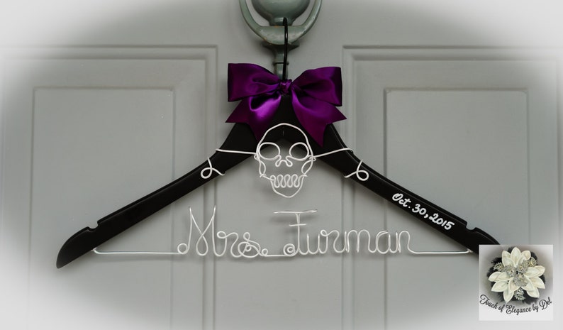 Custom Name Hanger HALLOWEEN Wedding Hanger Unique Skull Design OOAK hanger Original Design Hanger SKULL Wedding Dress Hanger