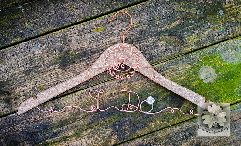 Monogram Wedding Hanger Shower Gift Vintage Hanger Bride Hanger Gift for Her Rose Gold Wedding Rose Gold Glitter Hanger Diamond Ring