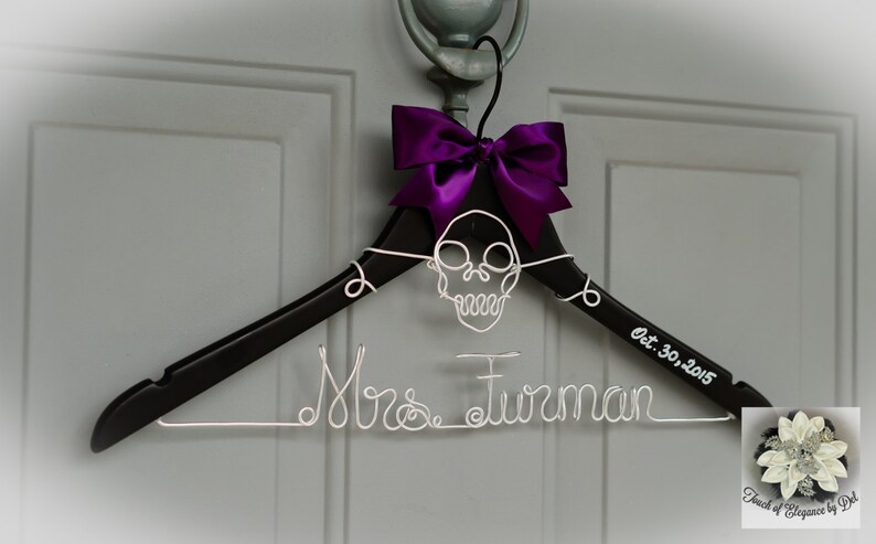 Custom Name Hanger HALLOWEEN Wedding Hanger Unique Skull Design OOAK hanger Original Design Hanger SKULL Wedding Dress Hanger