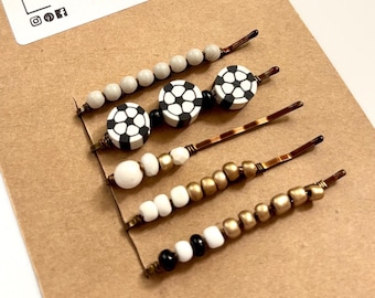 Beaded Bobby Pins – Soccer Ball Hair Clips, Set of 5 (Bronze Wire)